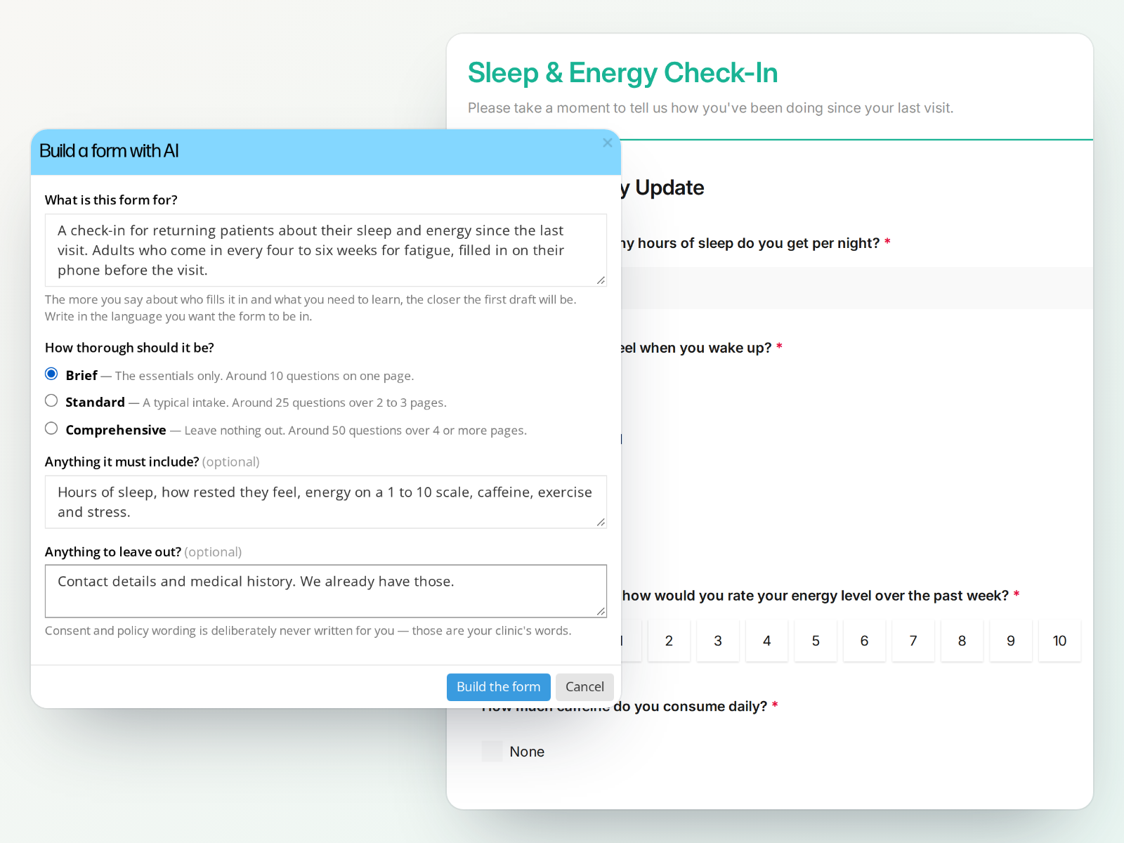AI form creator, prompt and result