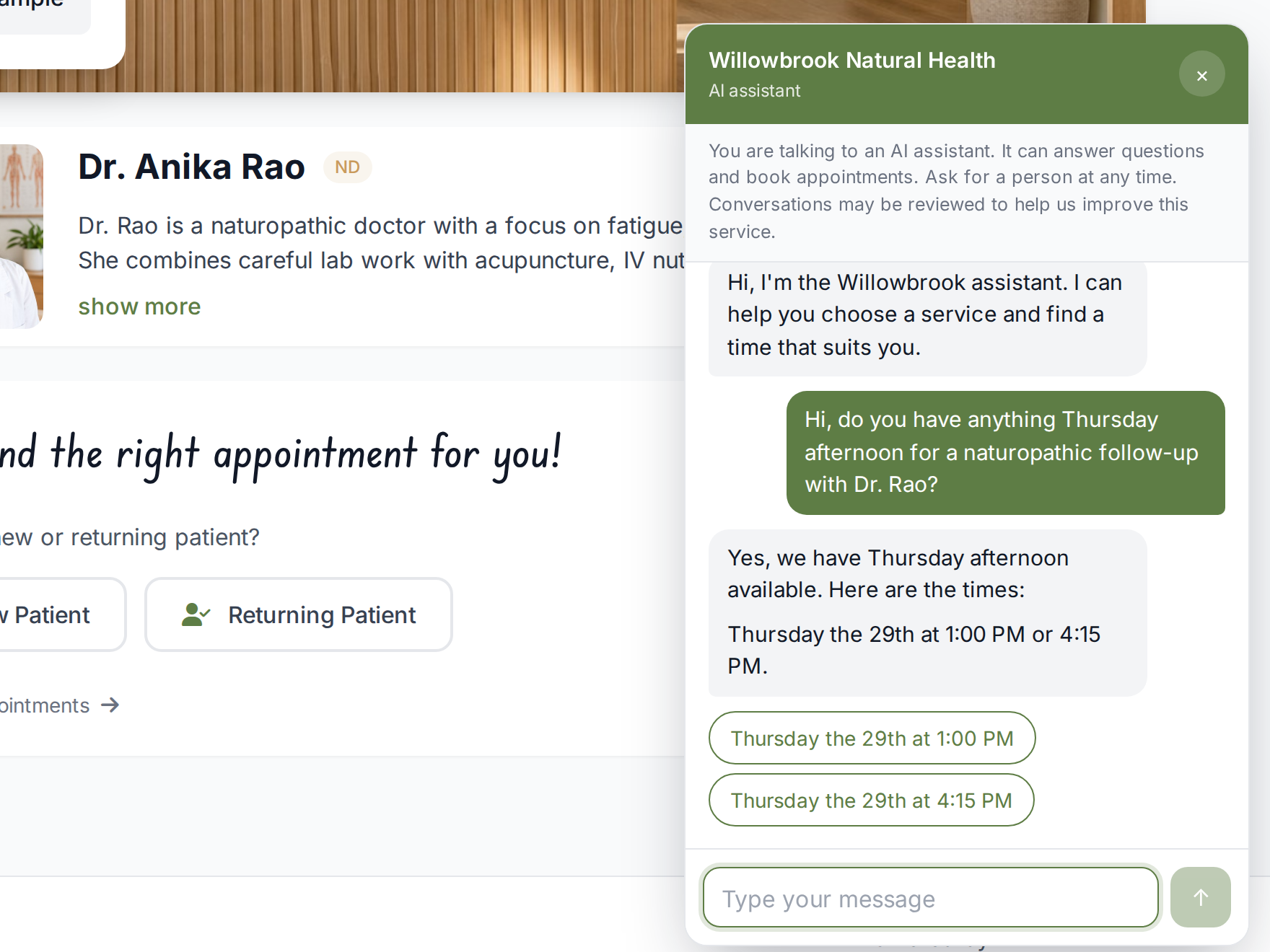 AI receptionist chat on the booking page
