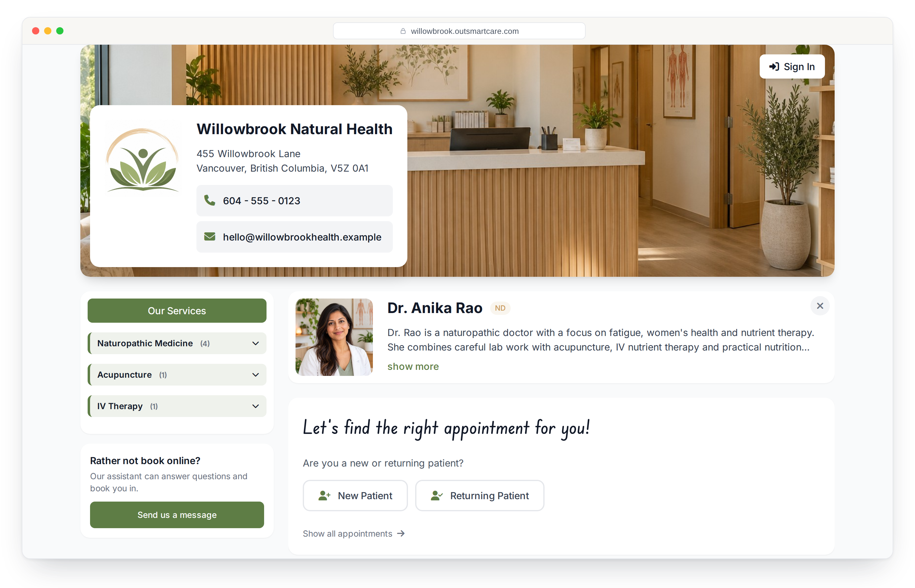 A clinic's OutSmart booking page: cover photo, logo and contact card, services grouped by category, the practitioner and the new or returning patient choice