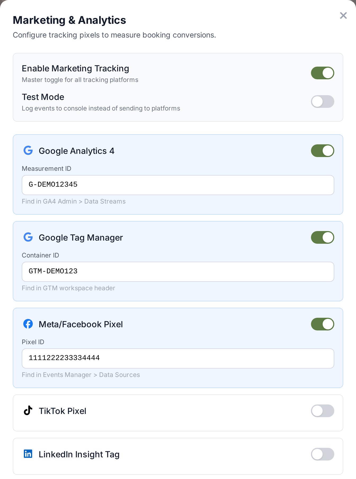 The booking page's Marketing and Analytics settings with Google Analytics, Google Tag Manager and Meta Pixel switched on