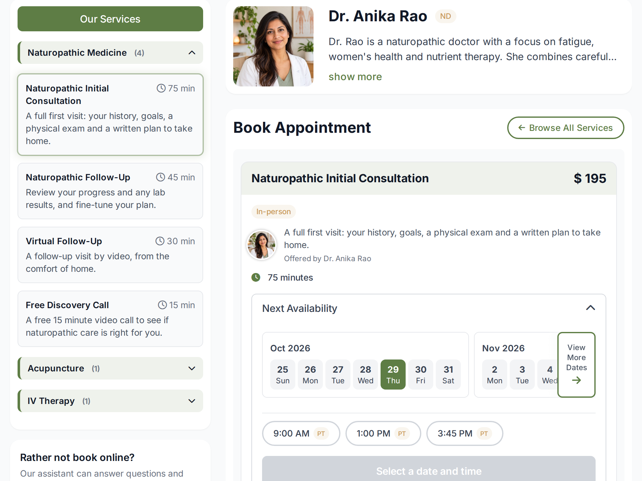 Online booking page, full width