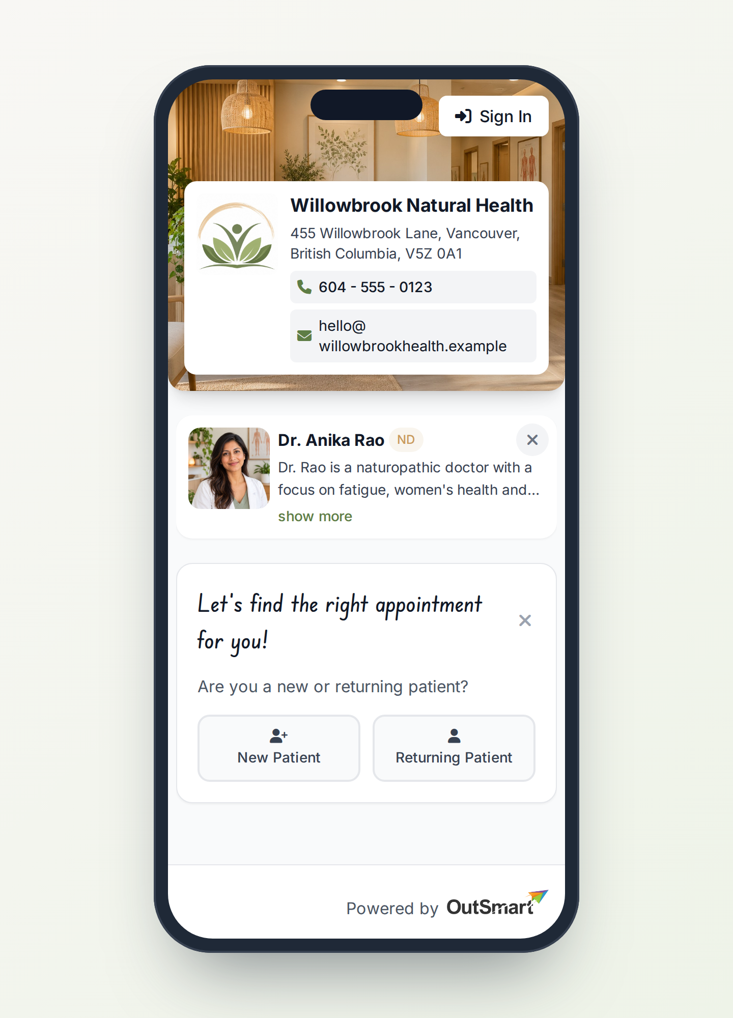 The same booking page on a phone, with the clinic card, practitioner and appointment choice stacked