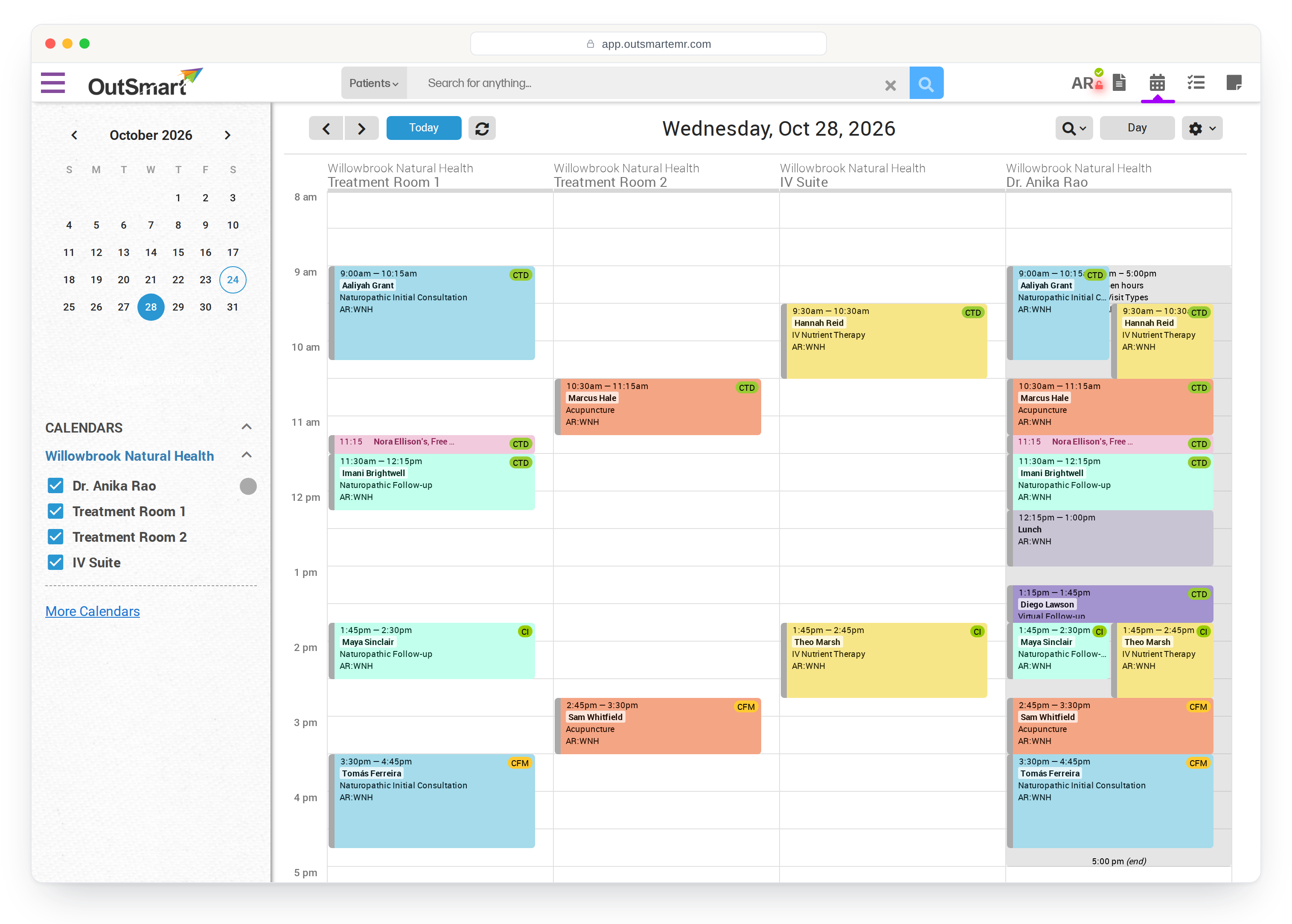 A day in the calendar with three rooms and the practitioner in columns, appointments coloured by type, statuses, a lunch block and overlaps shown side by side