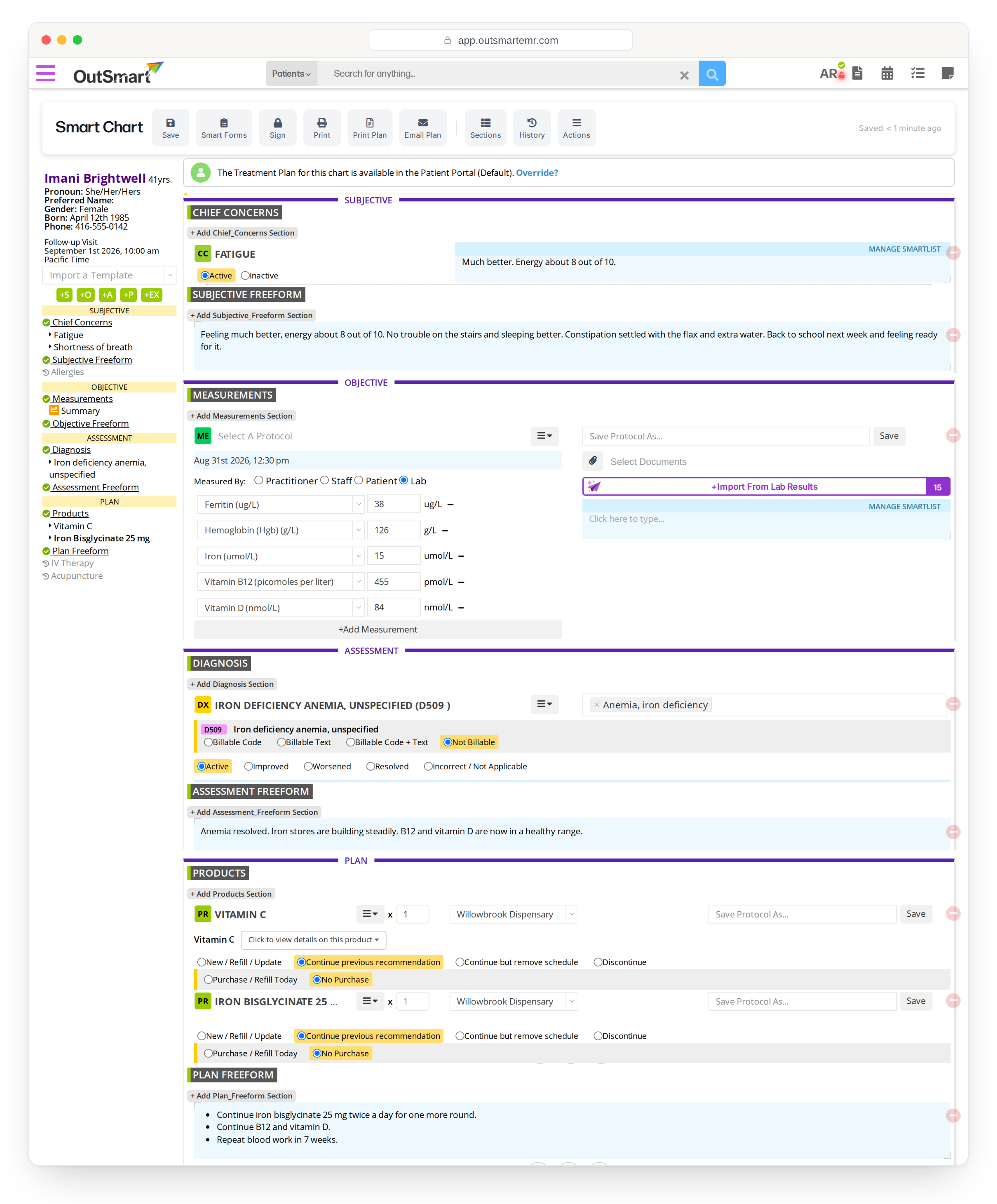 A follow-up chart as one document: concerns, notes, lab values, diagnosis, assessment, products and the plan, with a notice that the plan is in the patient portal