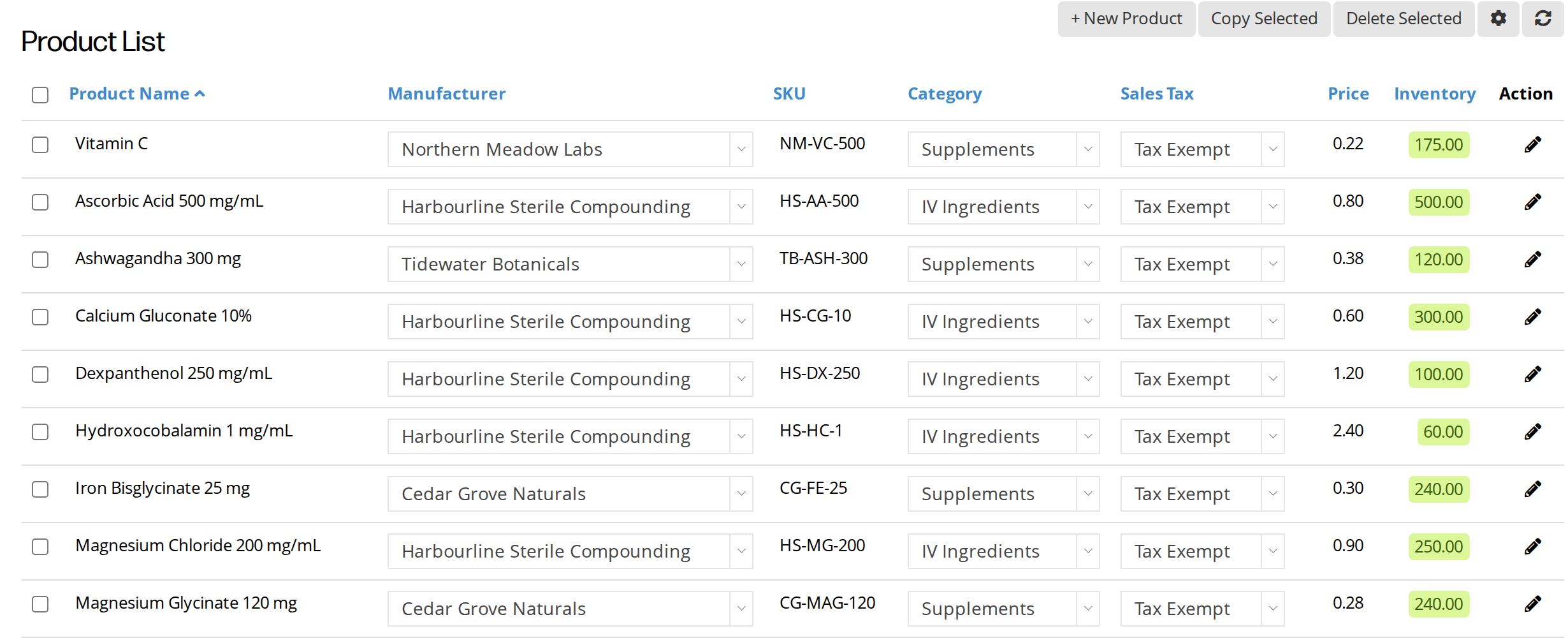 Dispensary product list