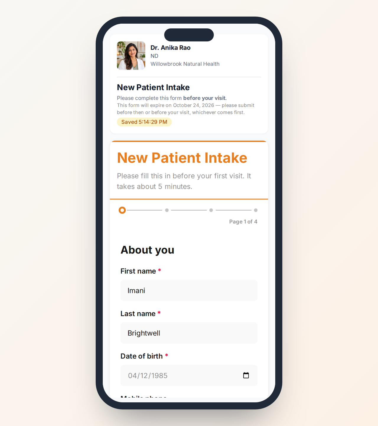 An intake form open on a phone, no account or sign-in needed
