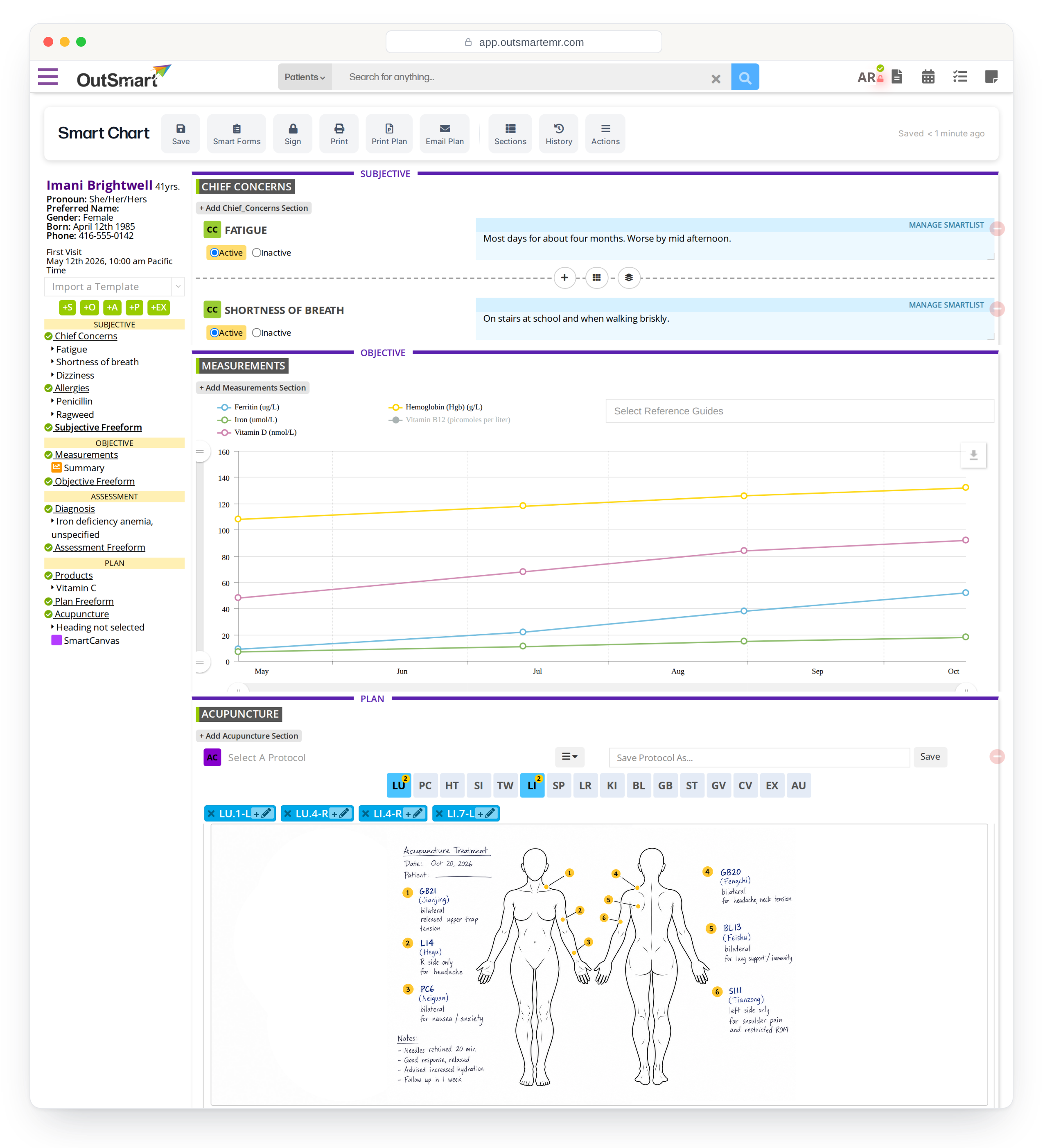 An OutSmart chart open in the browser, showing chief concerns, a graph of lab results over time and an acupuncture body chart