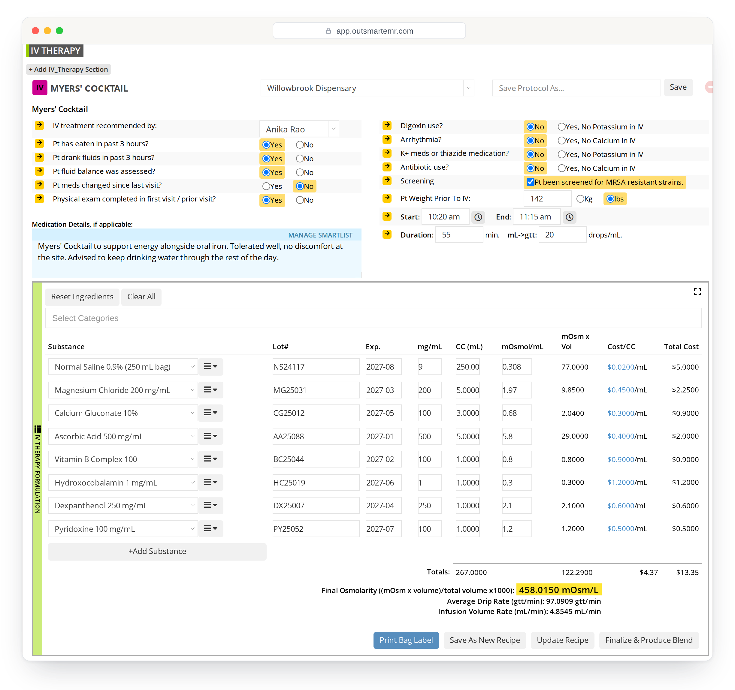 The IV therapy section of an OutSmart chart, with a Myers' Cocktail recipe, ingredient lots, running osmolarity and cost per bag