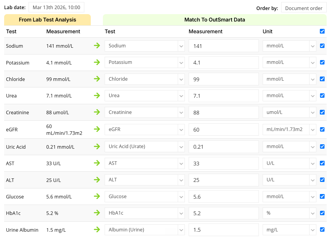 Values read from a lab report, each matched to the OutSmart test, measurement and unit, ready to import