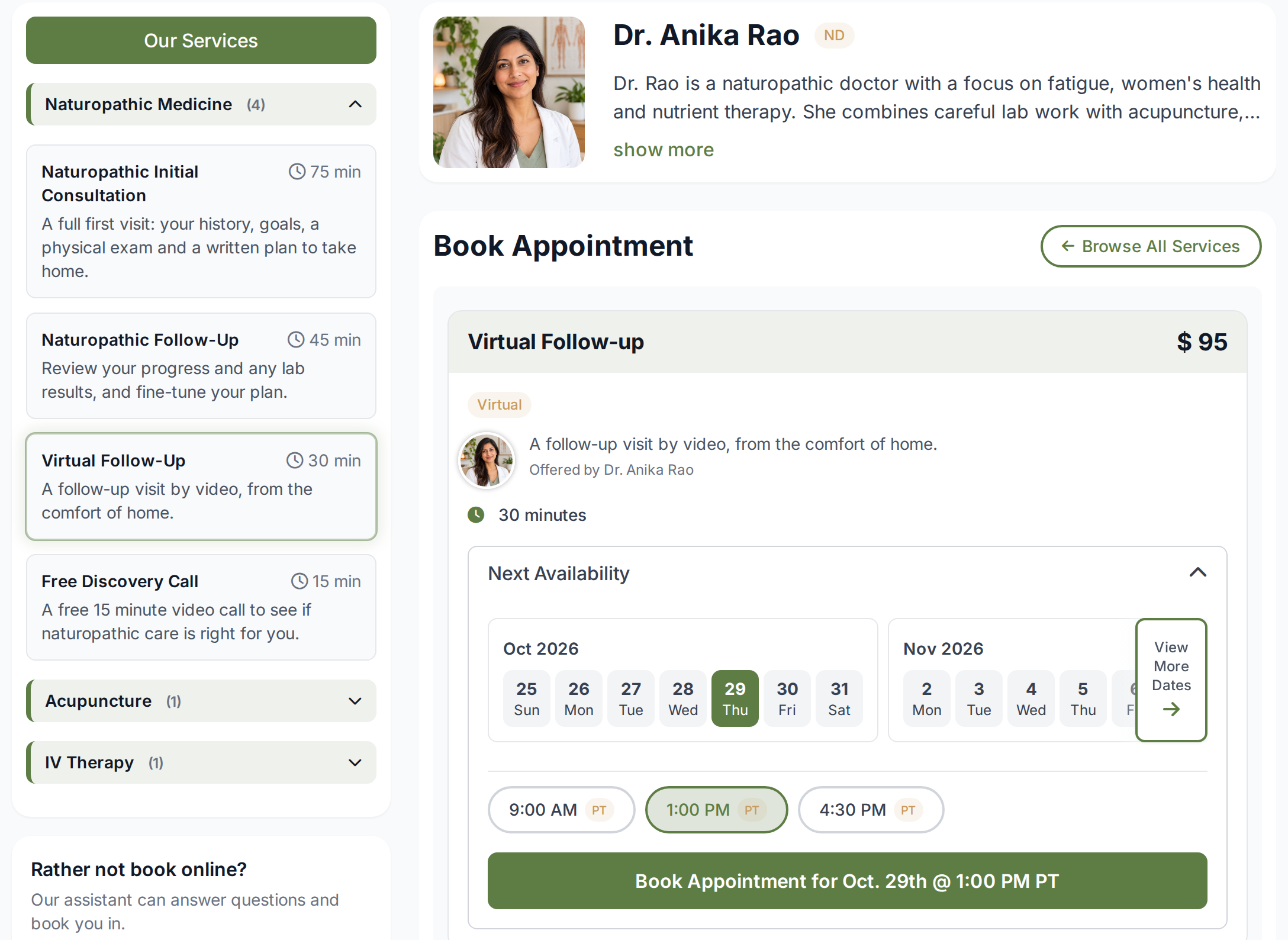 A booking page with Virtual Follow-up chosen, its Virtual tag, the practitioner and open times
