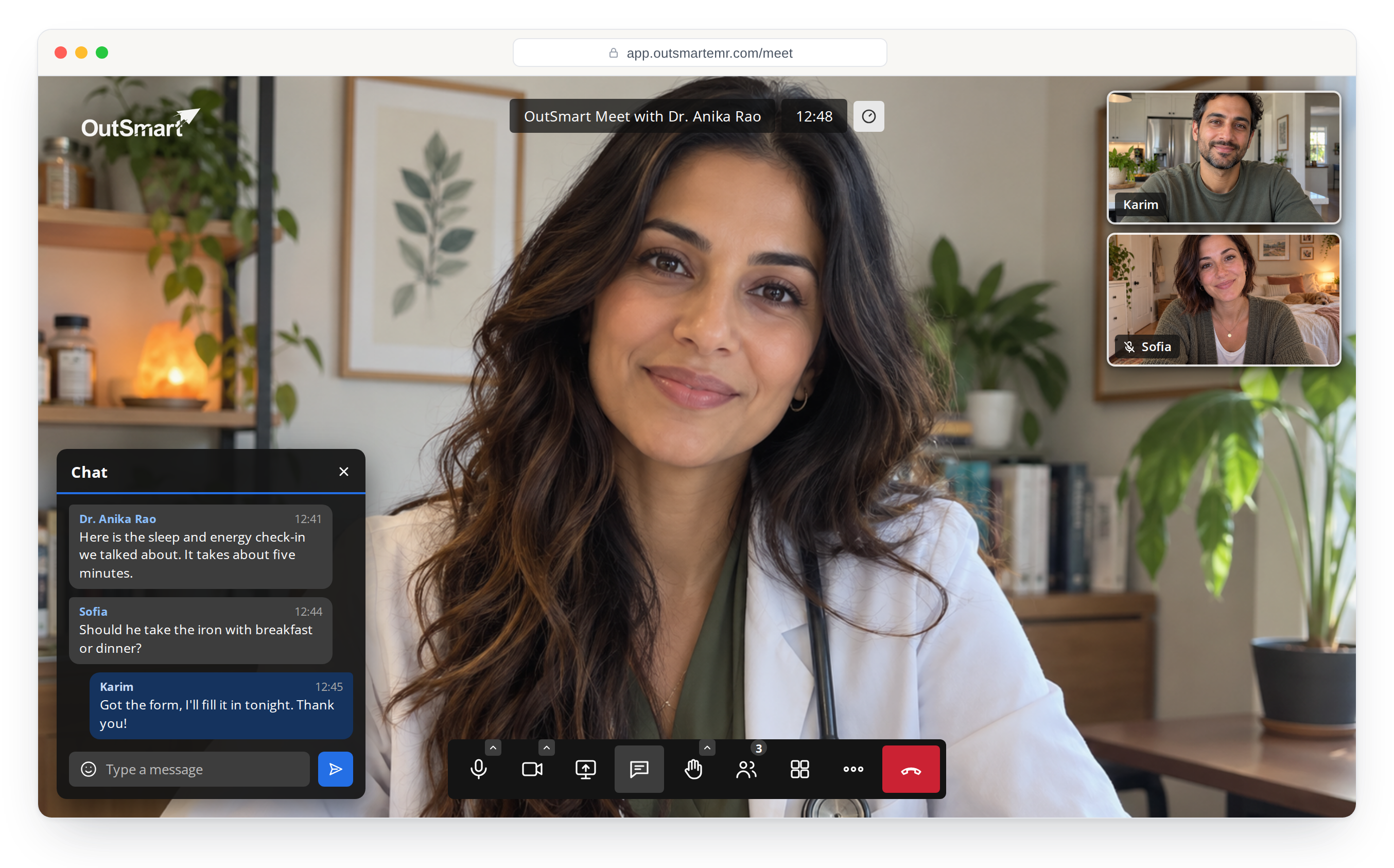 An OutSmart Meet video visit: Dr. Anika Rao on screen, with the patient and a family member joining from home in the tiles beside her, and the call chat open