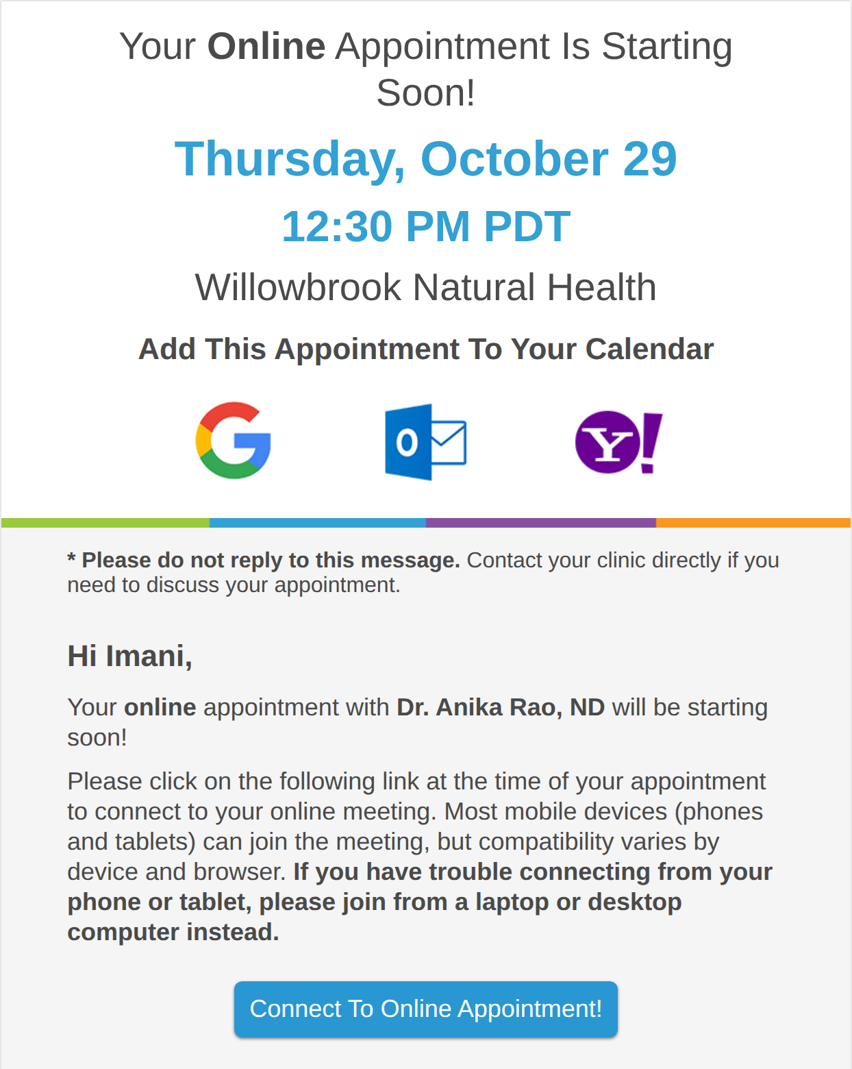 The patient's invitation email: the date and time, add to calendar buttons for Google, Outlook and Yahoo, and the button to join