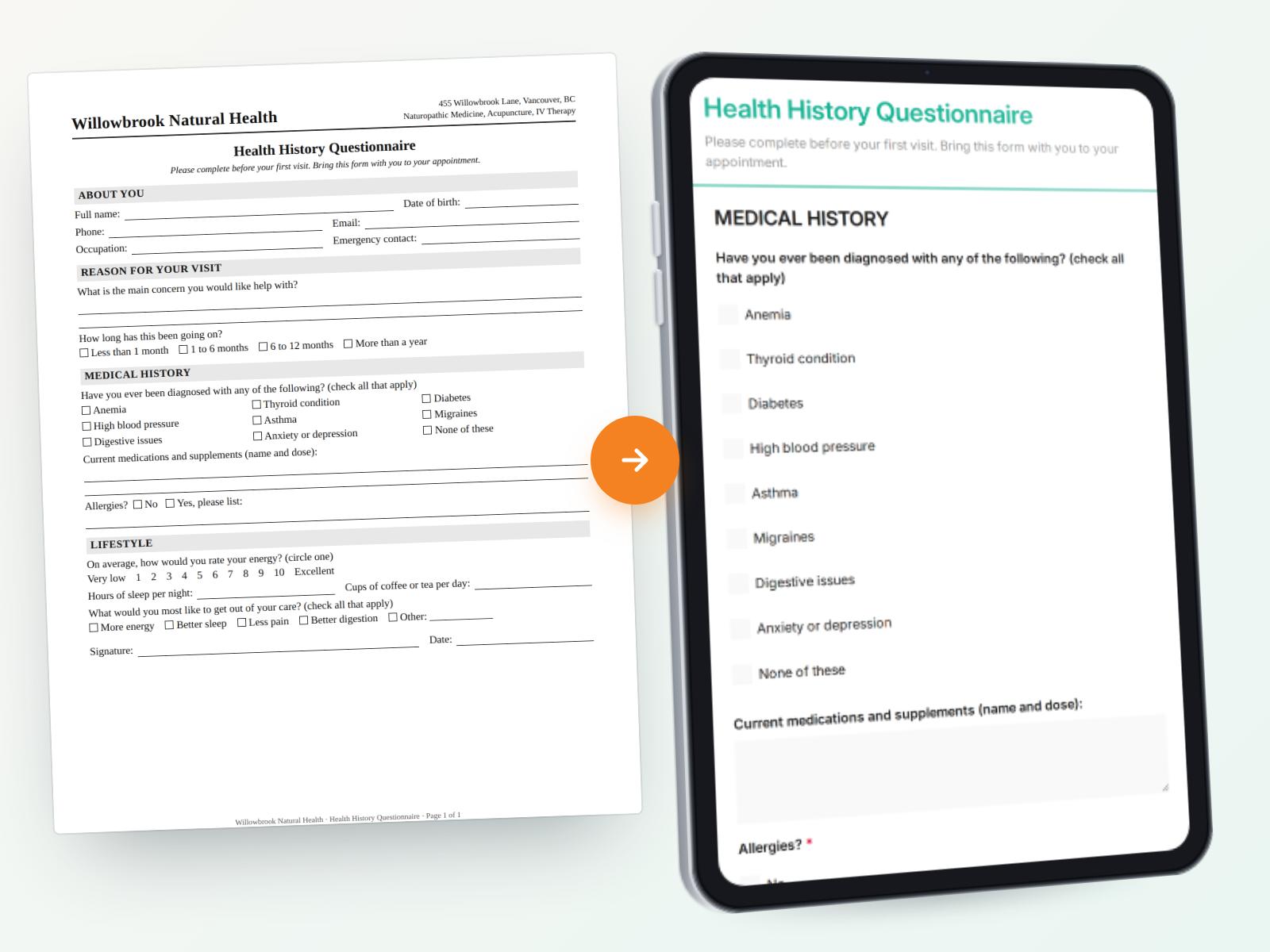 A paper health history form beside the online form OutSmart made from it, with the same questions