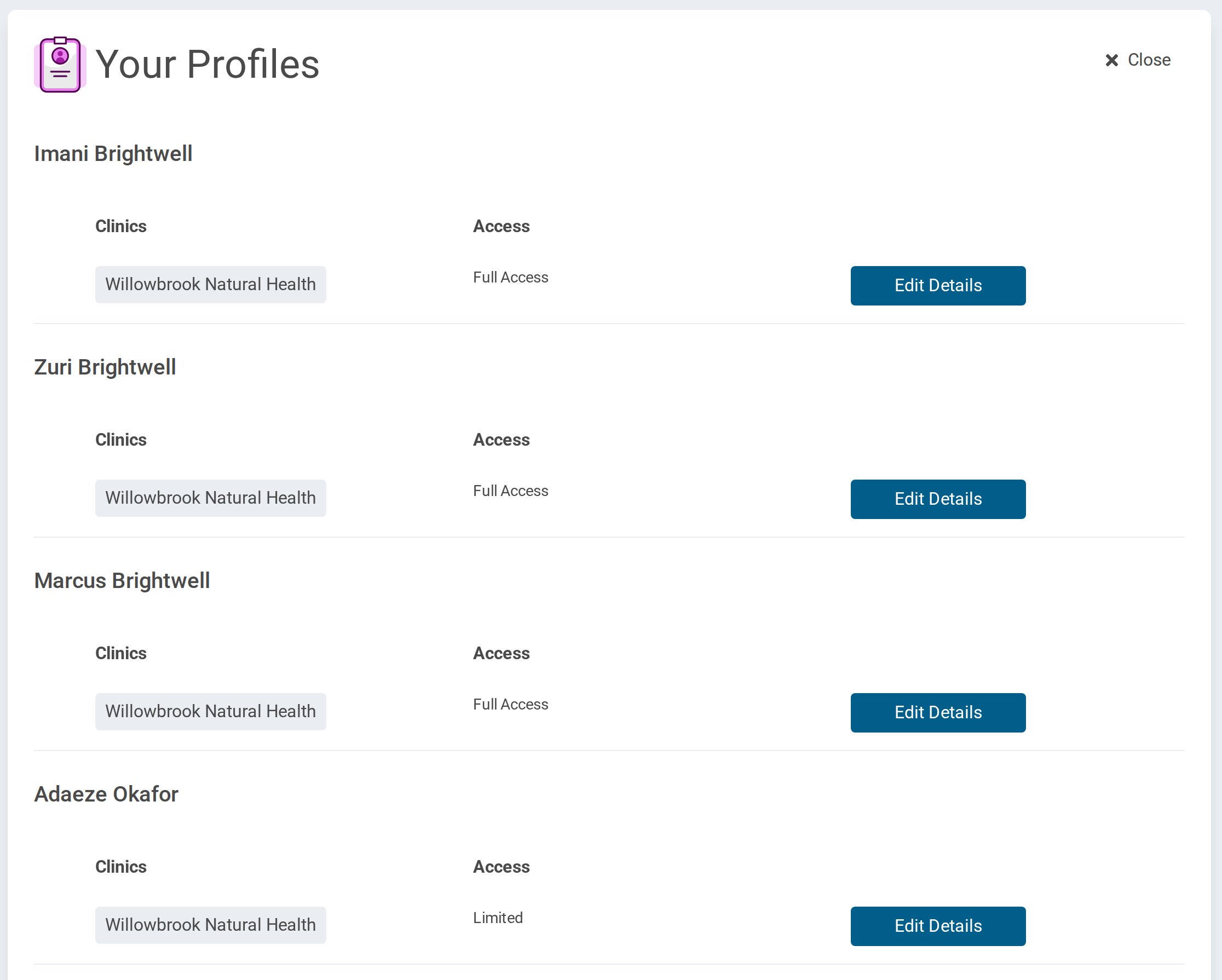 Four family members on one portal login, each with their clinic and access level