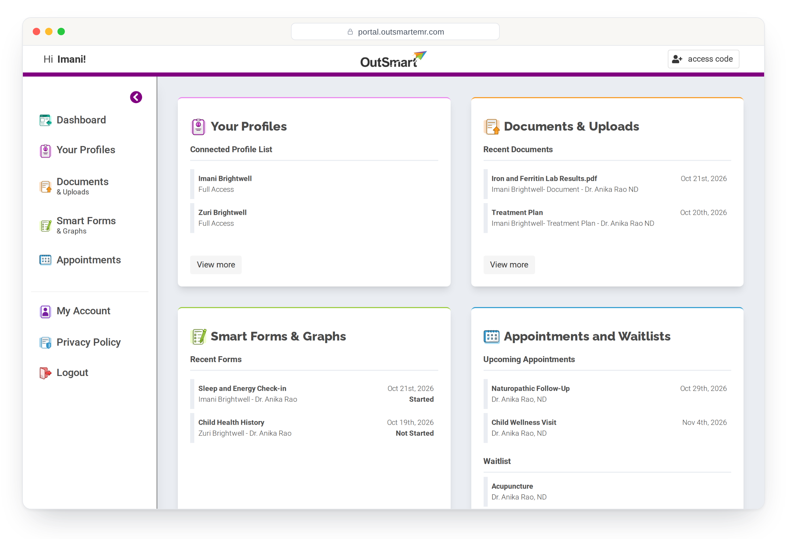 The OutSmart patient portal dashboard: profiles, documents, forms with their status, upcoming appointments and the waitlist