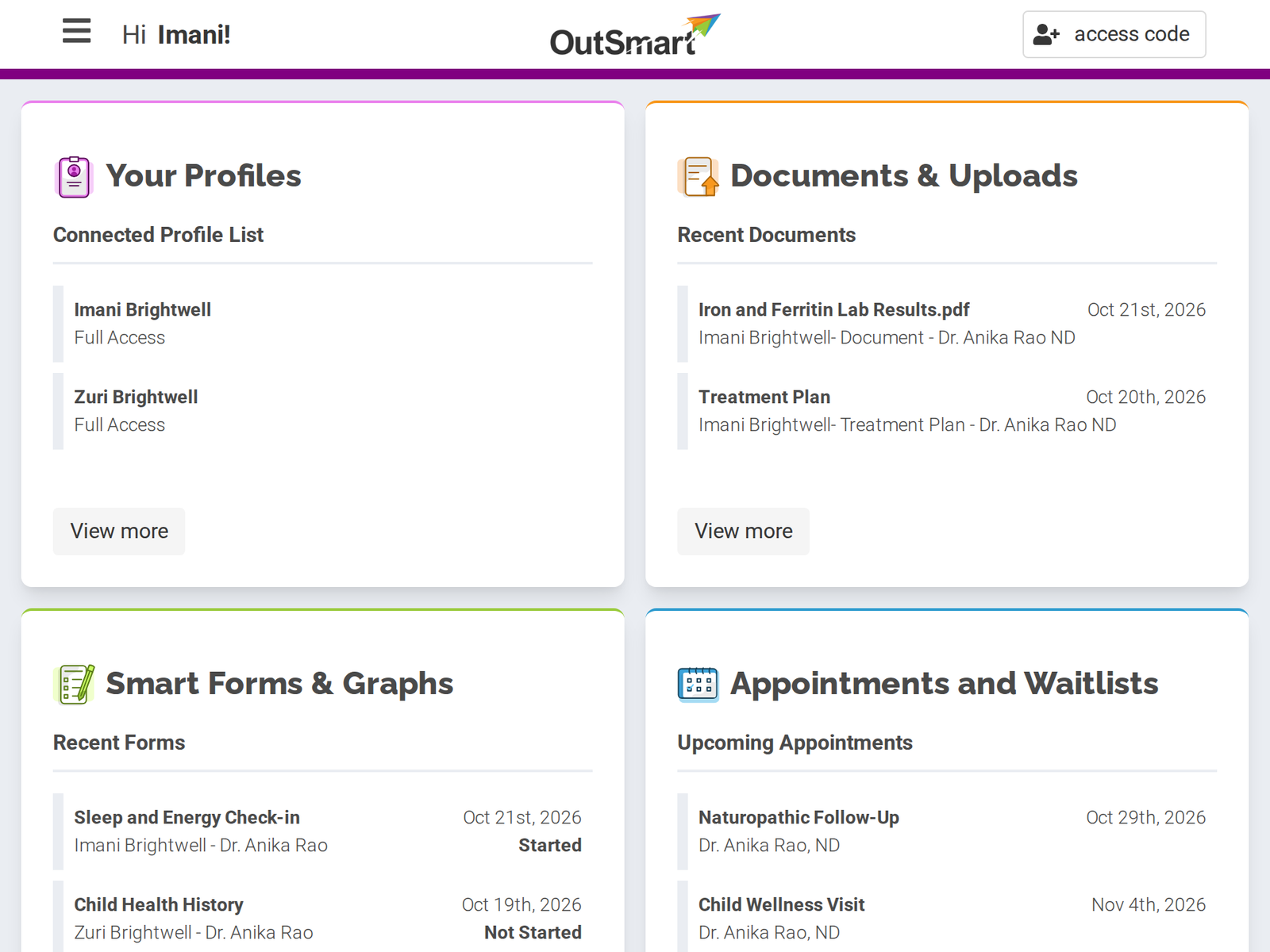 Patient portal home with a family's profiles, documents, forms and appointments