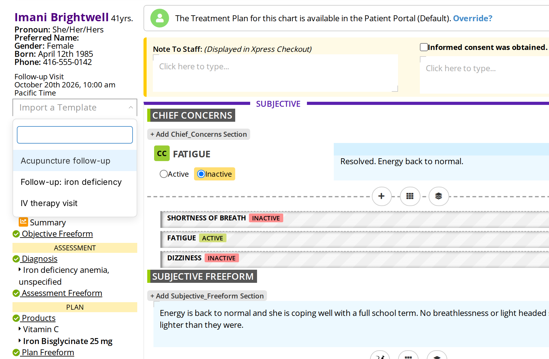 The Import a Template picker open in a chart, listing an acupuncture follow-up, an iron deficiency follow-up and an IV therapy visit