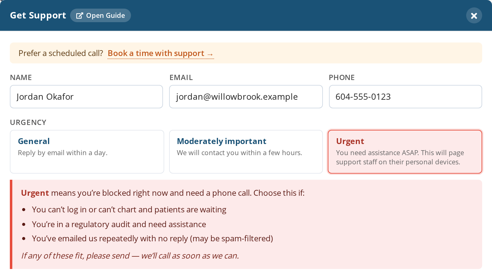 The Get Support form with the three urgency levels, General, Moderately important and Urgent, and what Urgent means